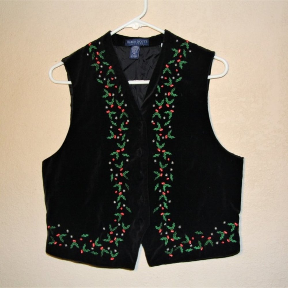 Black Holiday Holly Embroidered Velvet Vest Medium